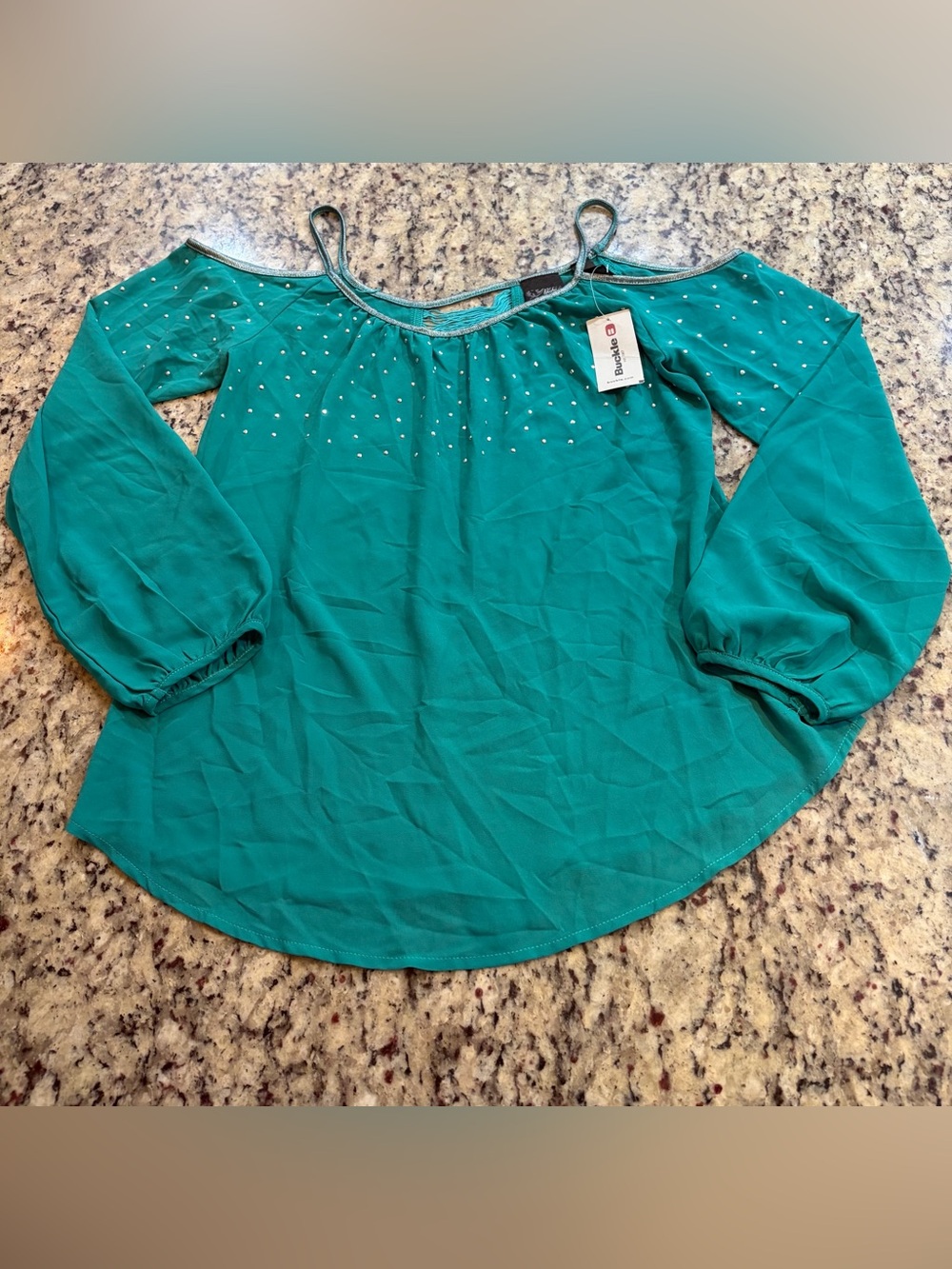 Daytrip Teal Cold-Shoulder Blouse with Stud Accents